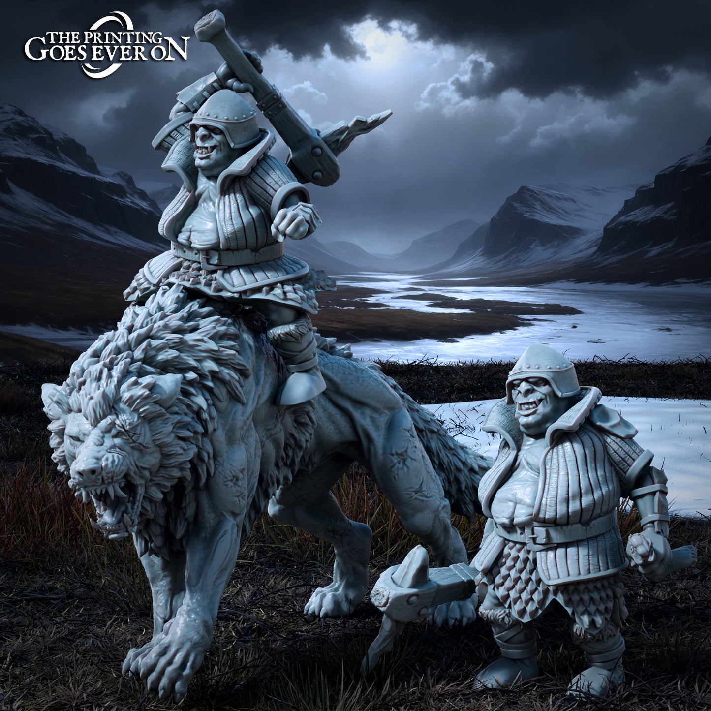 Foto do produto Tabletop 28mm The Printing Goes Ever On (TPGEO) 0: Capitão Ork - Gormuk o Opulento a pé e montado no Warg - Criaturas Maléficas dos Reinos do Norte