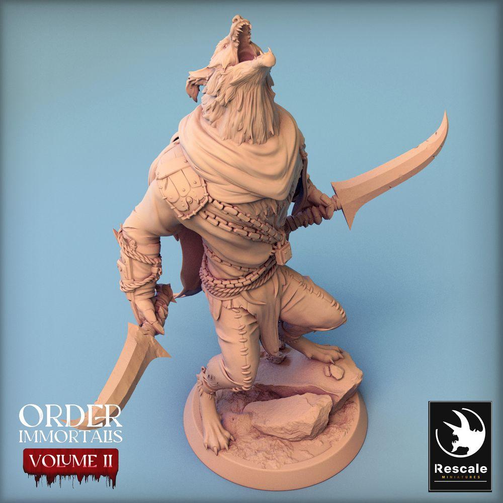 Produktfoto Tabletop 28mm Lord of the Print (LotP) 0: Tabletop Miniatur: Schakal-Krieger, Wüsten-Assassine mit zwei Krummsäbeln, Bestienmensch-Duellant, Tempelwächter (24_02_C8)