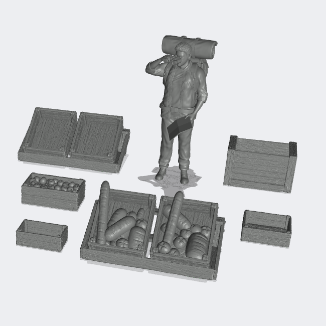 Produktfoto Miniatur Möbel, Einrichtung Diorama und Modellbau  0: Markt und Bazar: 6 Kisten, Obstkisten - leer, mit Brot und mit Früchten