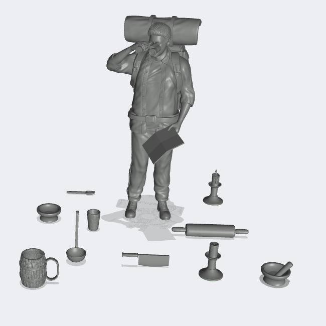 Product photo miniature furniture, diorama, and model building 0: In the kitchen: 10 kitchen utensils - jug, candles, knife, cup, spoon, bowl, mortar, and rolling pin