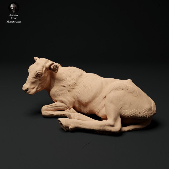 Produktová fotografie zvířecí figurky dioráma, modelářství: 0: Farmářská zvířecí figurka: ležící tele - Red Devon kráva