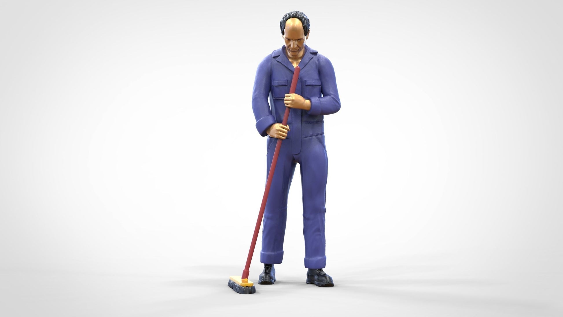 Produktfoto  0: Hausmeister oder Reinigungskraft: Mann mit Besen in Overall