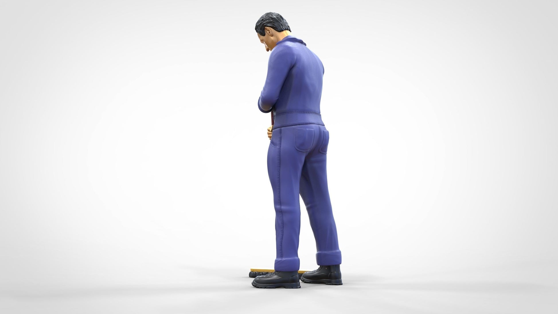 Produktfoto  0: Hausmeister oder Reinigungskraft: Mann mit Besen in Overall