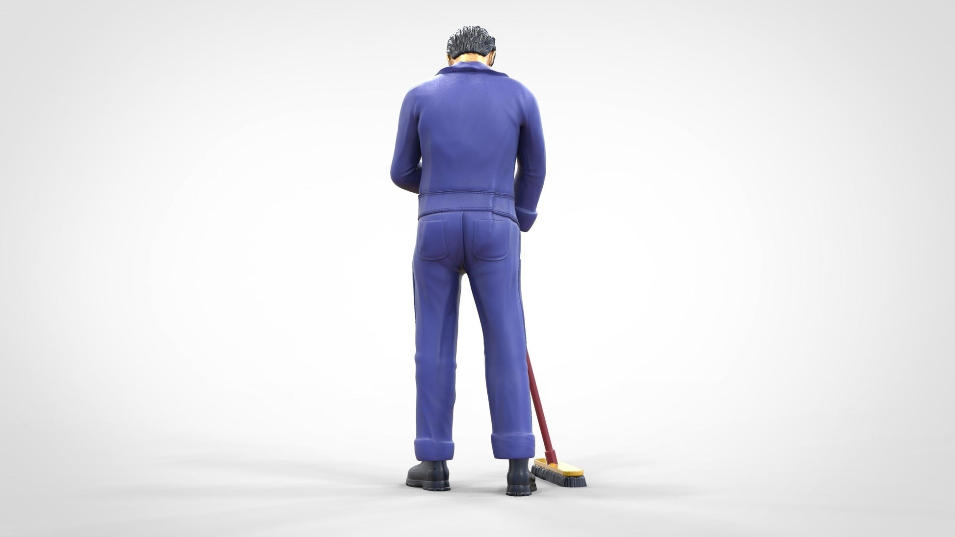 Produktfoto  0: Hausmeister oder Reinigungskraft: Mann mit Besen in Overall