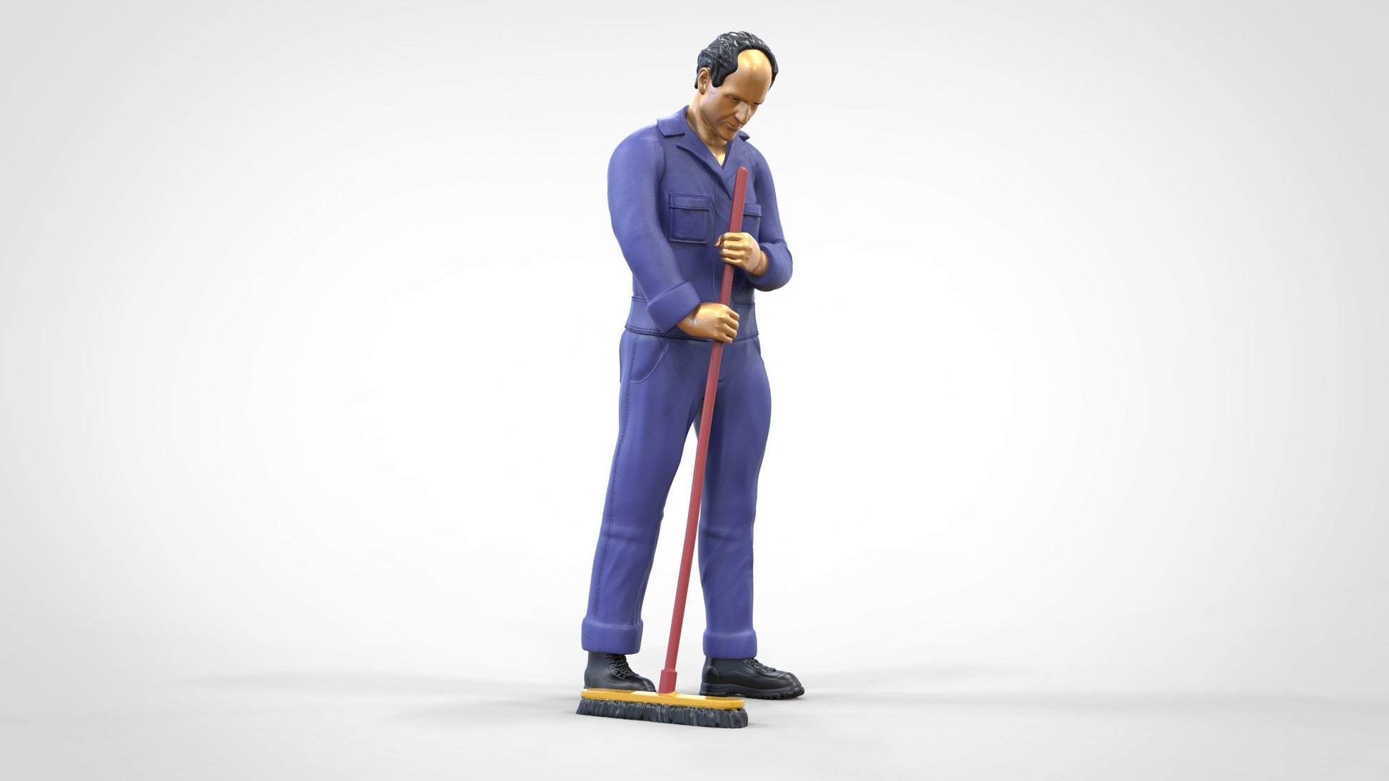 Produktfoto  0: Hausmeister oder Reinigungskraft: Mann mit Besen in Overall