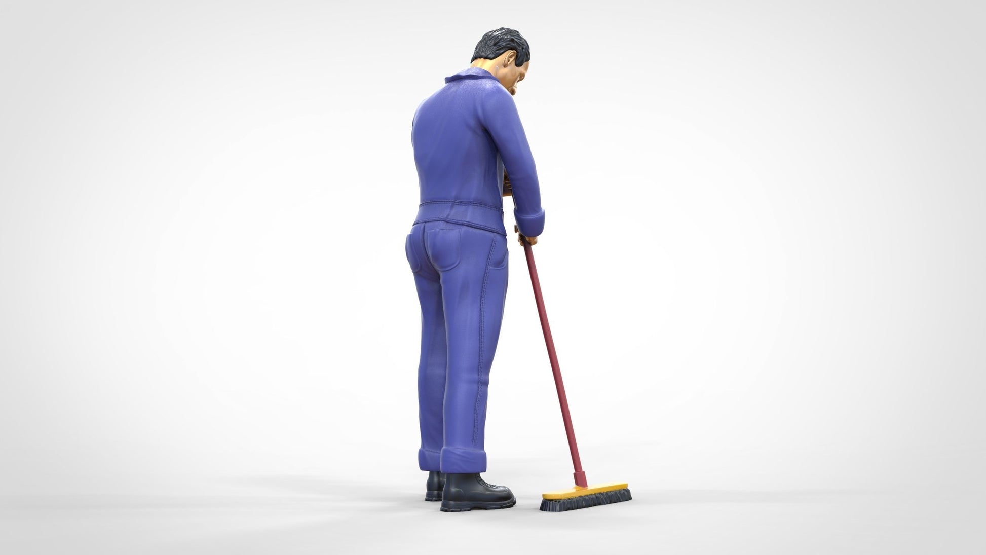 Produktfoto  0: Hausmeister oder Reinigungskraft: Mann mit Besen in Overall