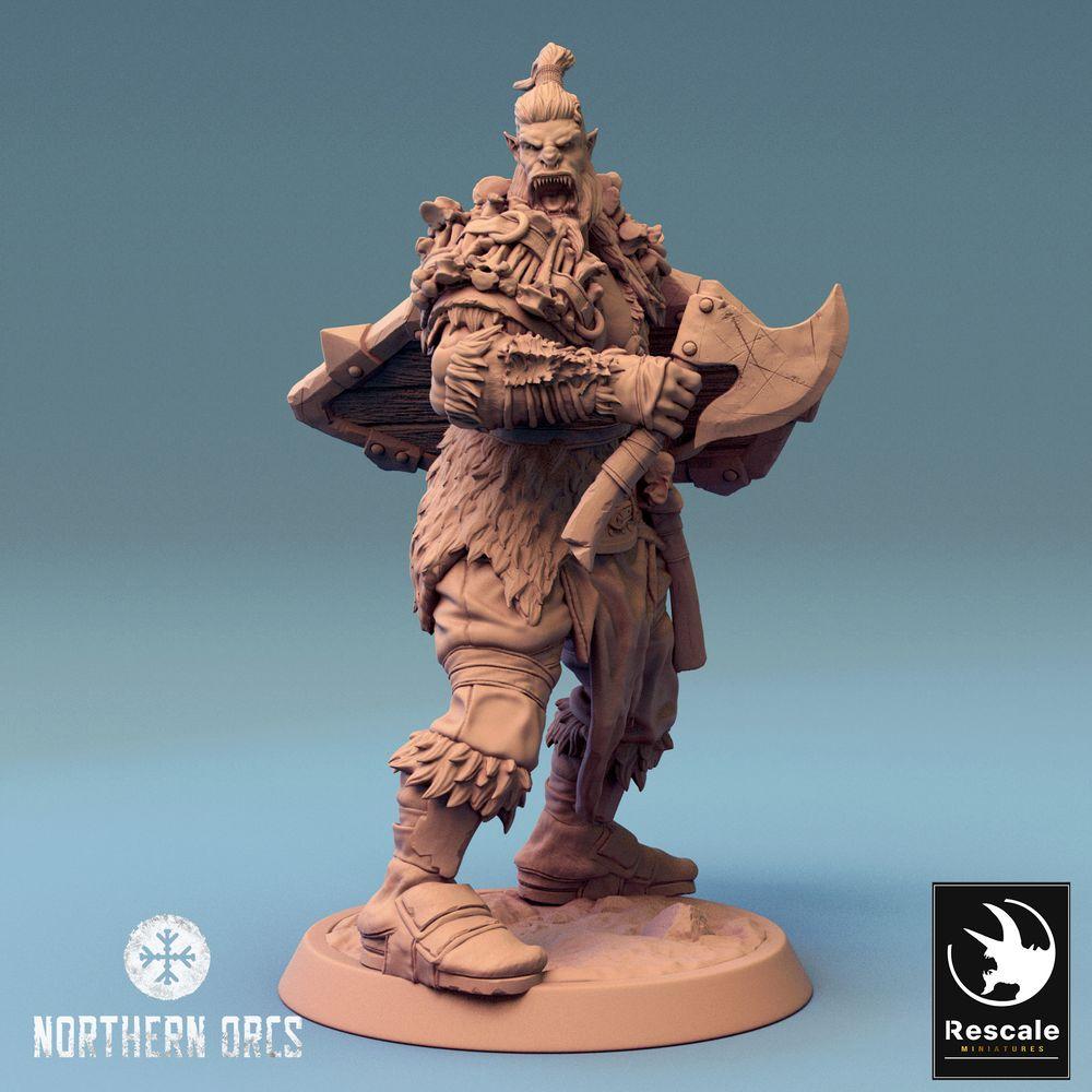 Foto do produto Tabletop 28mm Lord of the Print (LotP) 0: Miniatura de Tabletop: Guerreiro Ork com Machado e Escudo - Berserker, Campeão, Chefe de Guerra, Líder Rugidor (24_04_H4)