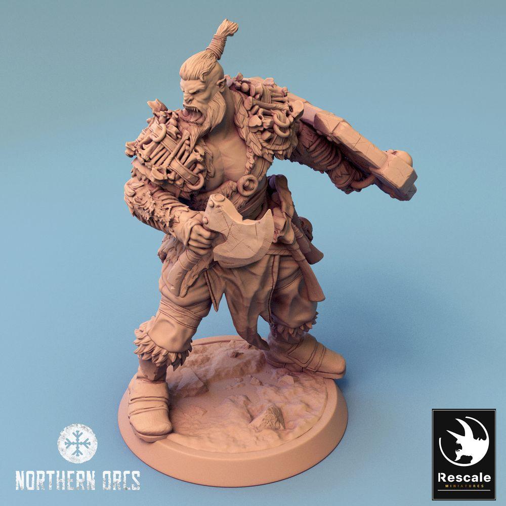 Zdjęcie produktu Tabletop 28mm Lord of the Print (LotP) 0: Miniatura Tabletop: Ork Wojownik z toporem i tarczą - Berserker, Champion, Wódz, ryczący przywódca (24_04_H4)
