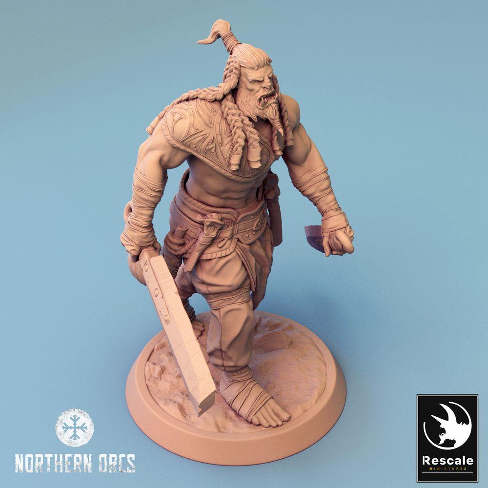 Product photo Tabletop 28mm Lord of the Print (LotP) 0: Tabletop miniature: Orc Warrior, Berserker with dual blades, dual-wield swordsman, tribal warrior (24_04_J2)