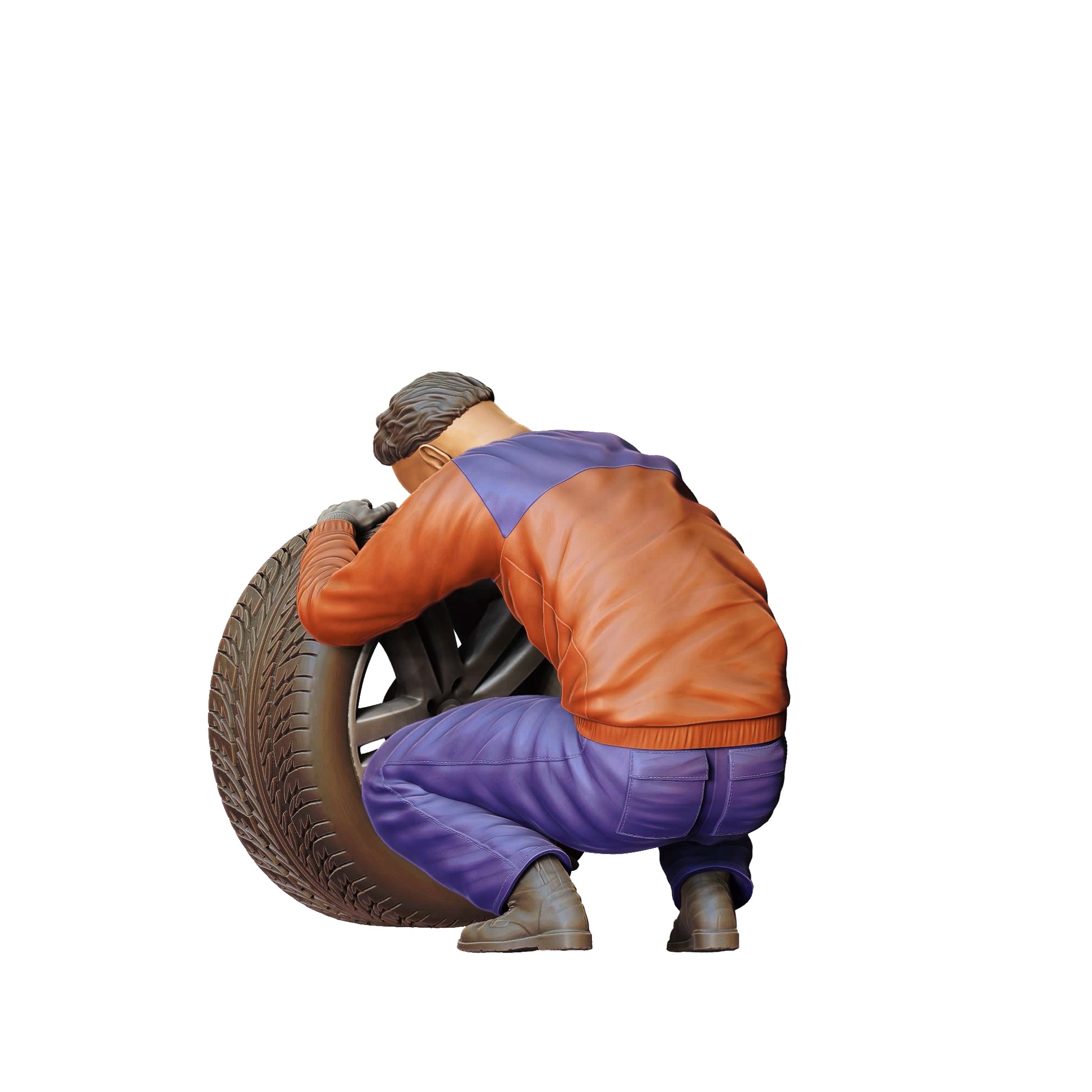 Produktfoto  0: Mechaniker kniend: Reifenwechsel in der Autowerkstatt