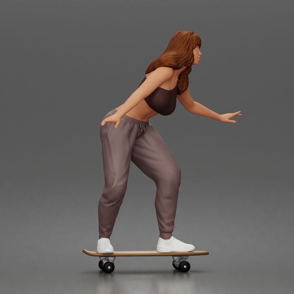 Diorama modelářství produktová fotografie 1: Diorama figurka: skejťačka balancující na skateboardu v crop topu a teplácích (a170)