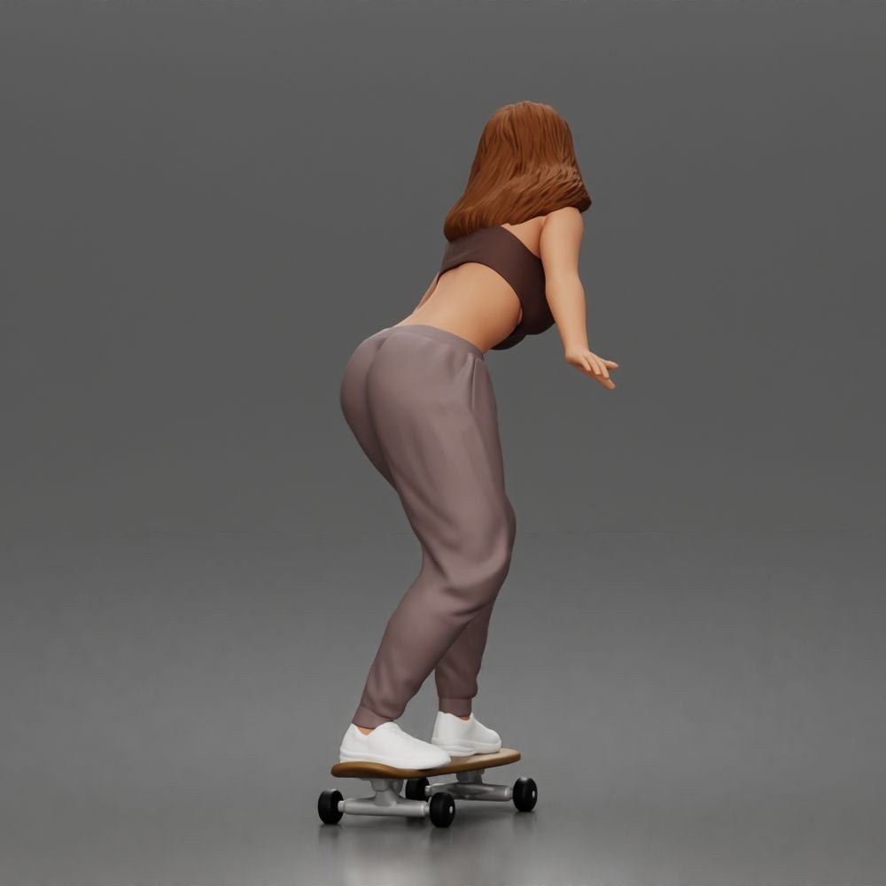 Diorama modelářství produktová fotografie 2: Dioramatická figurka: skaterka balancující na skateboardu v crop topu a teplácích (a170)
