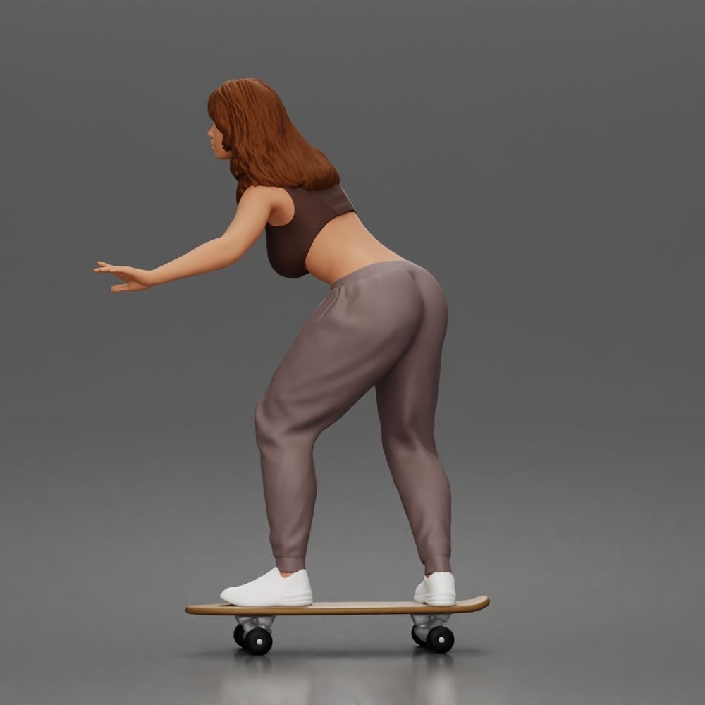 Produktová fotografie dioramatického modelu 4: dioramatická figurka - skaterka balancující na skateboardu v crop topu a teplácích (a170)