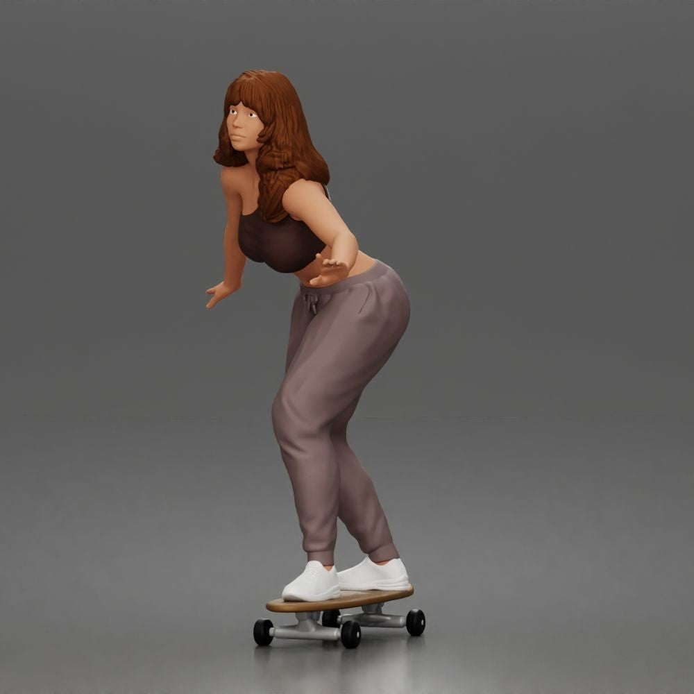 Diorama modelářství produktová fotografie 5: Diorama figurka: skejťačka balancující na skateboardu v crop topu a teplácích (a170)