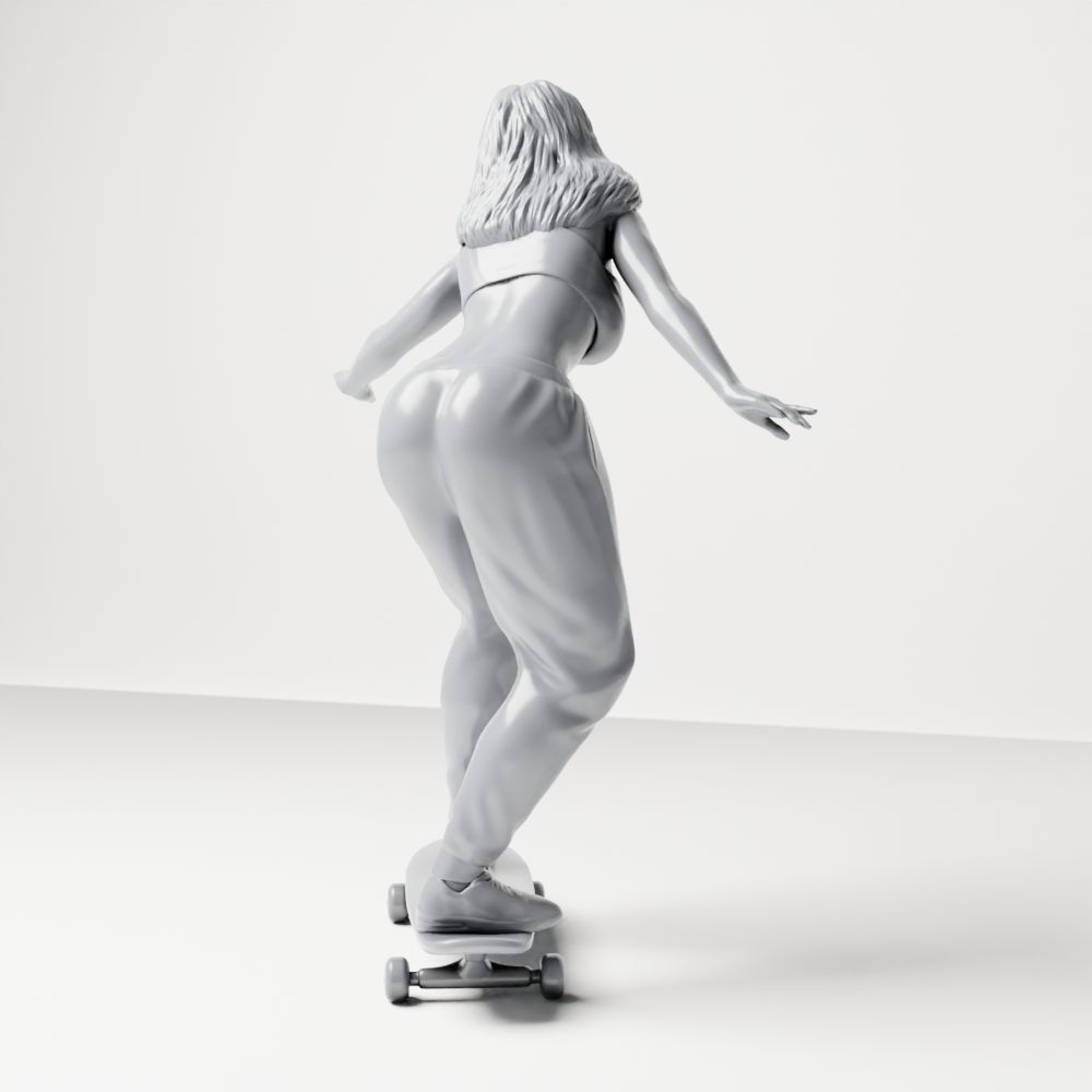Diorama modelářství produktová fotografie 6: Diorama figurka: skateboardistka balancující na skateboardu v crop topu a teplácích (a170)