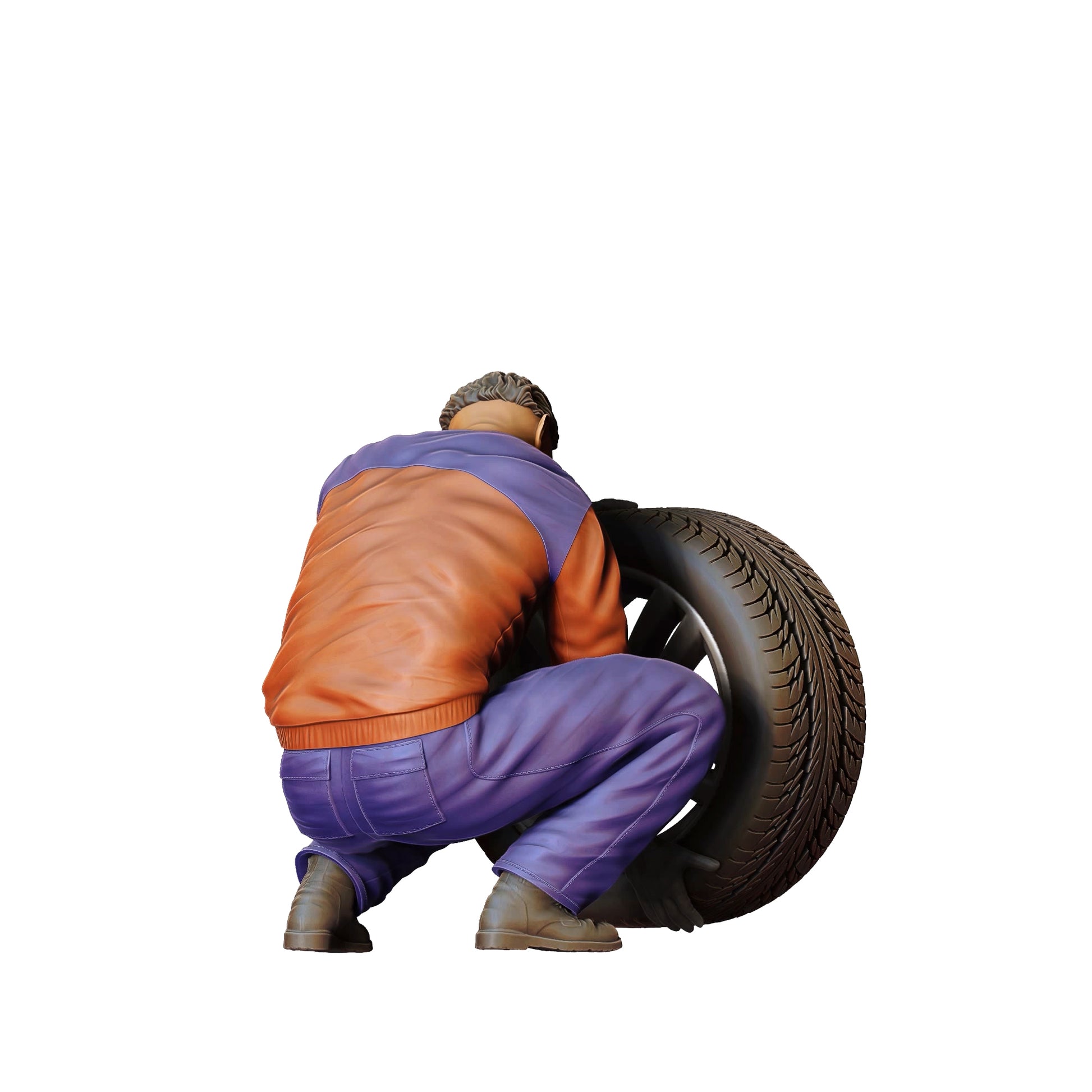 Produktfoto  0: Mechaniker kniend: Reifenwechsel in der Autowerkstatt