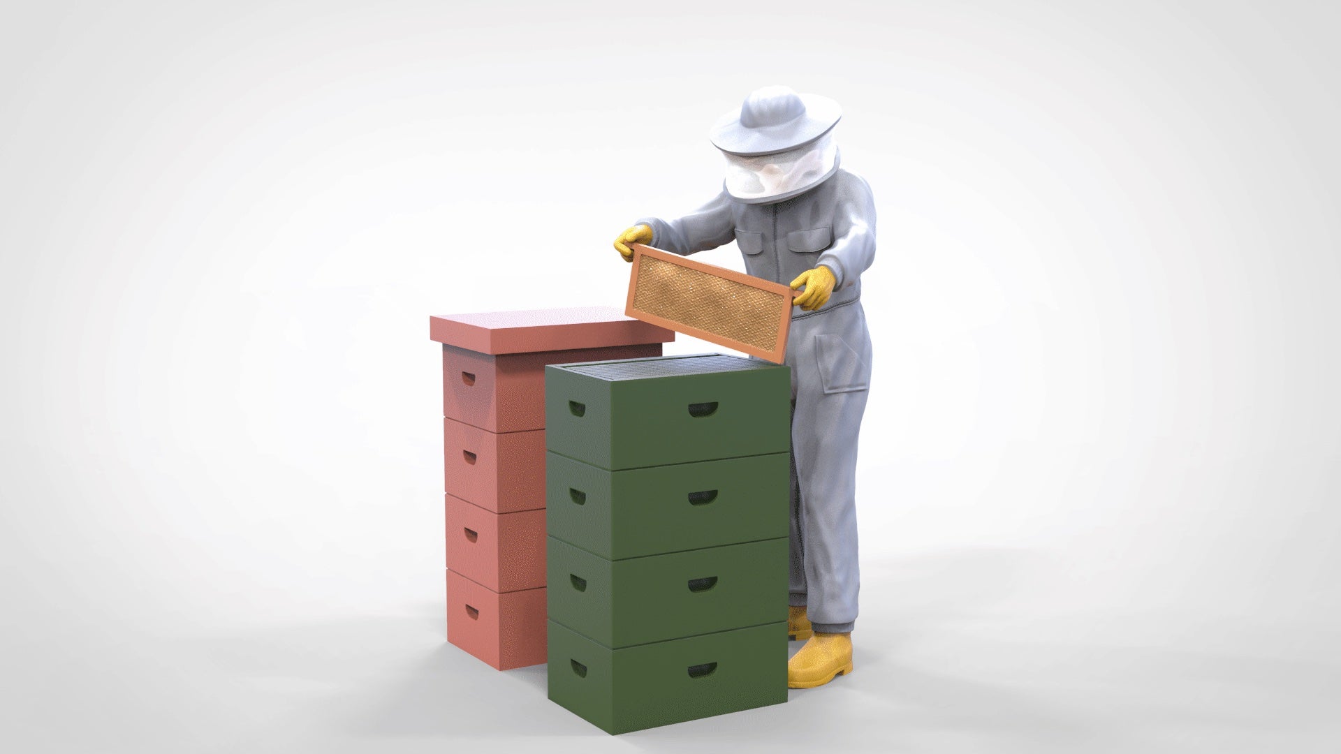 Product photo diorama and model building miniature figure: beekeeper with beehive