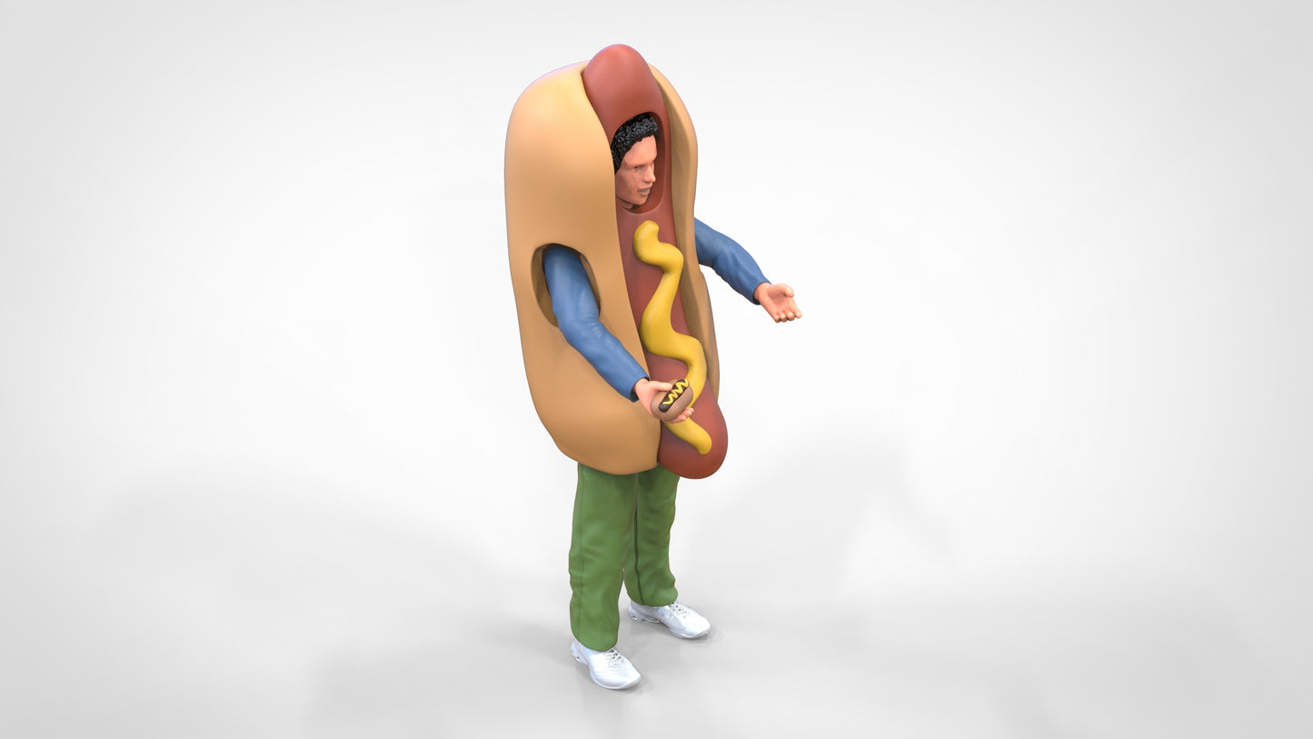 Produktová fotografie dioráma a modelářská miniatura: Prodavač hot dogů v kostýmu hot dogu
