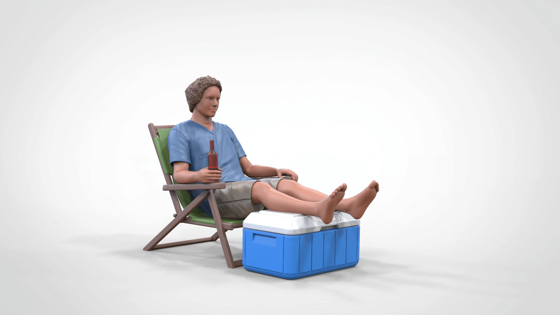 Produktfoto Diorama und Modellbau Miniatur Figur: Mann mit Bier und Kühltruhe in Liegestuhl