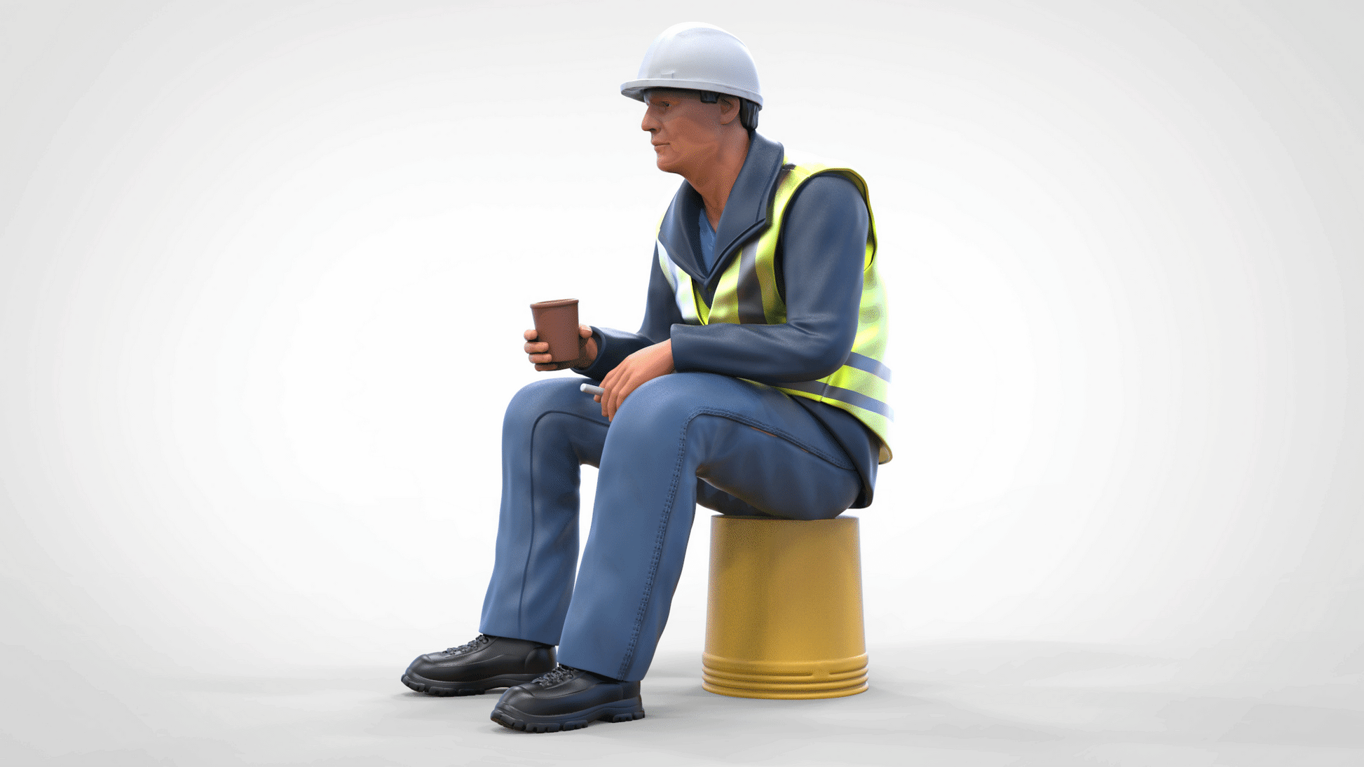 Produktfoto Diorama und Modellbau Miniatur Figur: Bauarbeiter sitzend auf Eimer