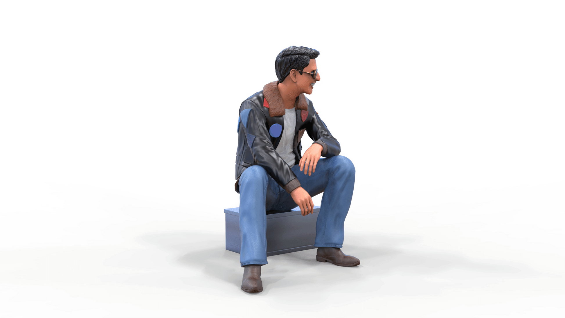 Produktfoto Diorama und Modellbau Miniatur Figur: Mann in Lederjacke und Sonnenbrille sitzend