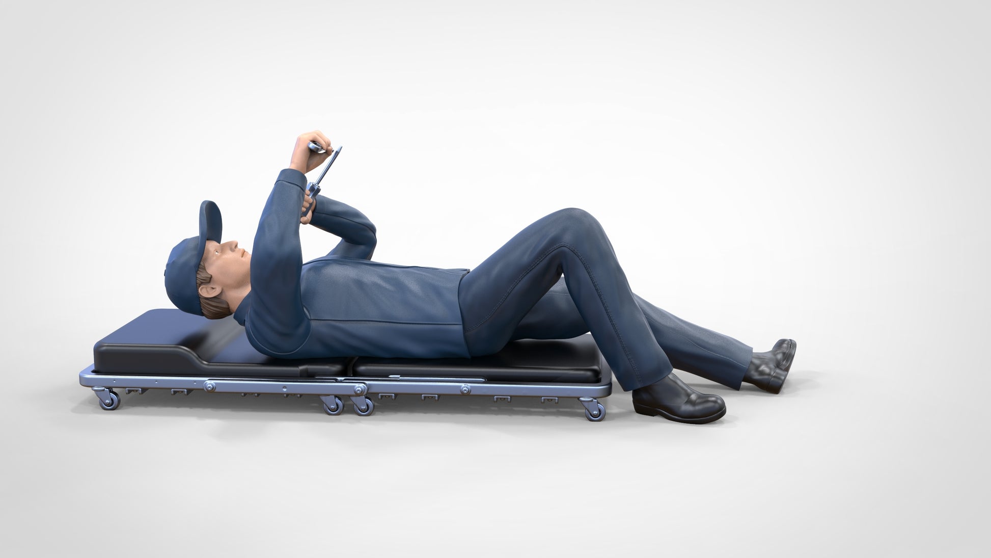 Product photo diorama and model building miniature figure: Mechanic on rolling board