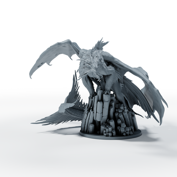 Miniatura de dragão numa base cénica – Cathedral of Broken Crowns, Rescale Miniatures, Maio 2026.