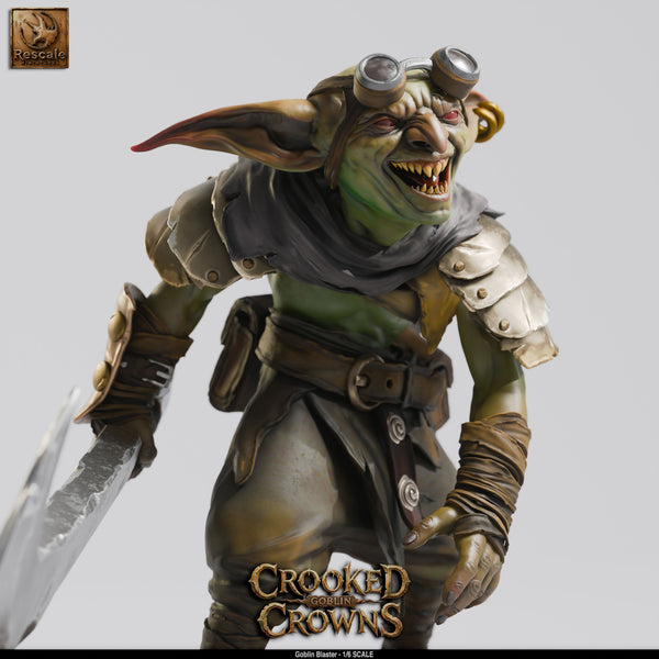 Guerreiro goblin com espada e óculos – Crooked Crowns, Rescale Miniatures, Junho 2026.