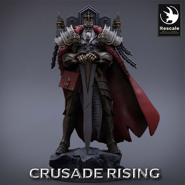 Rei templário de armadura pesada com espada de duas mãos – Crusade Rising, Rescale Miniatures, Abril 2023.