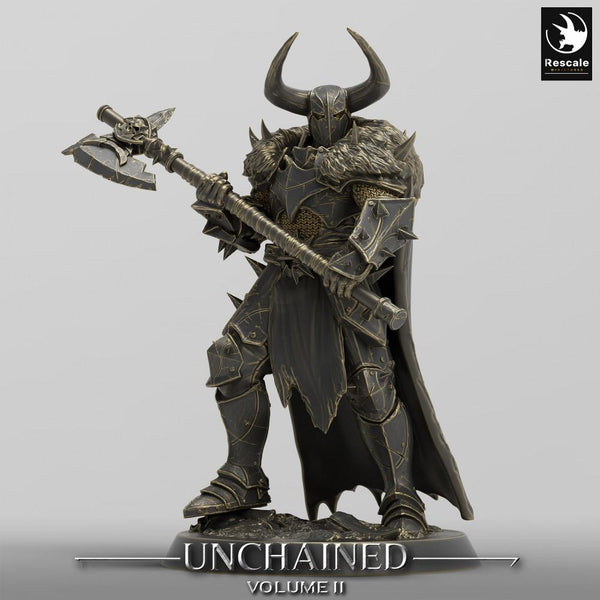 Cavaleiro sombrio com elmo com chifres e grande machado – Unchained Volume II, Rescale Miniatures, Maio 2024.