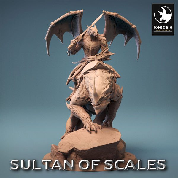 Guerreiro dragão alado numa montada – Sultan Of Scales, Rescale Miniatures, Setembro 2023.