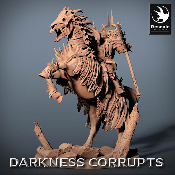 Cavaleiro sombrio de armadura num cavalo empinado – Darkness Corrupts, Rescale Miniatures, Julho 2023.