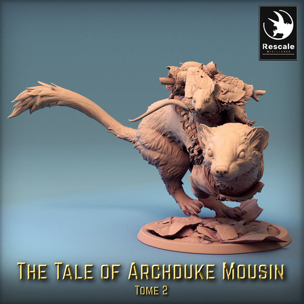 Cavaleiro rato numa doninha a saltar – The tales of Archduke Mousin Tome 2, Rescale Miniatures, Novembro 2023.