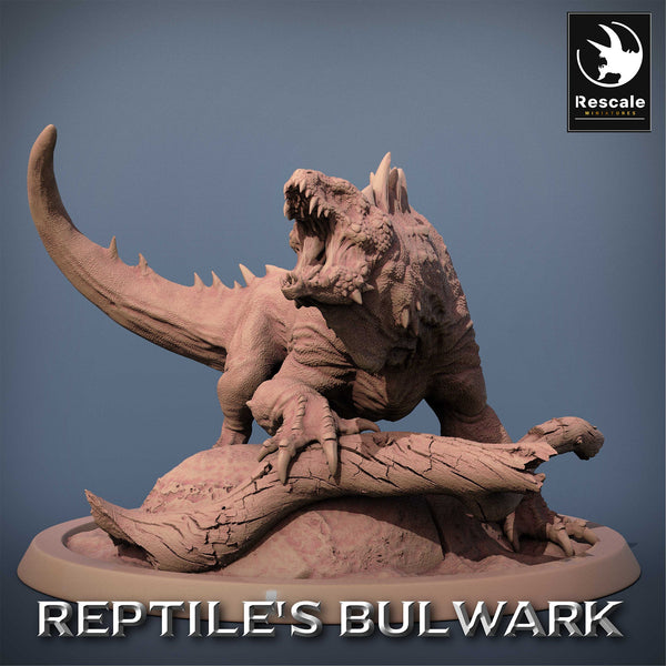 Besta varano com chifres e mandíbulas abertas – Reptile's Bulwark, Rescale Miniatures, Junho 2023.