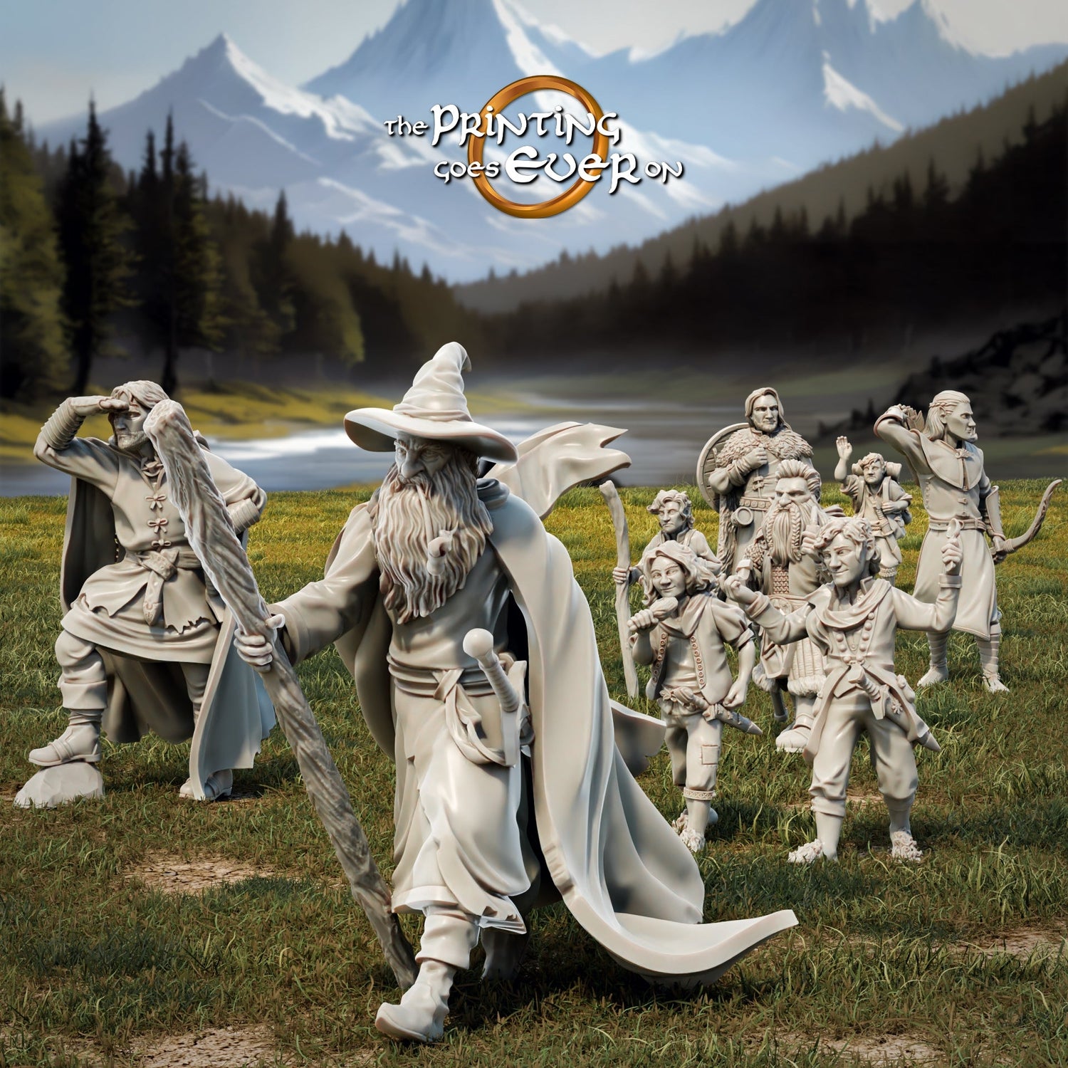 Immagine della collezione per The Printing Goes Ever On Minis: Gruppo di eroi in posa di viaggio come miniature da 28 mm Tabletop