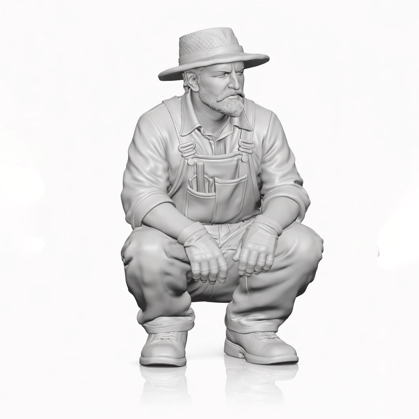 Diorama Modellbau Produktfoto 0: Hockende Figur: Gärtner mit Hut & Latzhose, Werkzeuge in Brusttasche (B001)