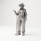 Stehende Figur: Gartenarbeiter im Arbeitsoverall mit Gartenschlauch & breitkrempigem Hut (B003) - Vorderansicht