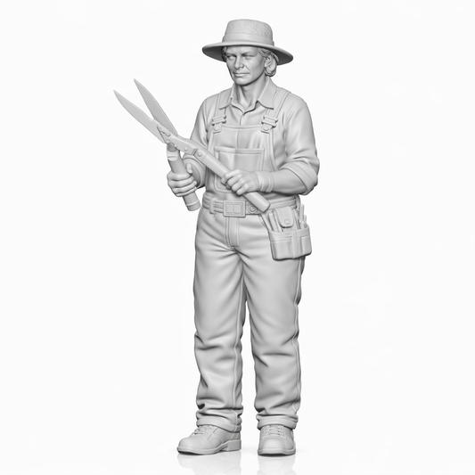Diorama Modellbau Produktfoto 0: Stehende Figur: Gärtnerin mit Latzhose, Hut & Heckenschere (B004)