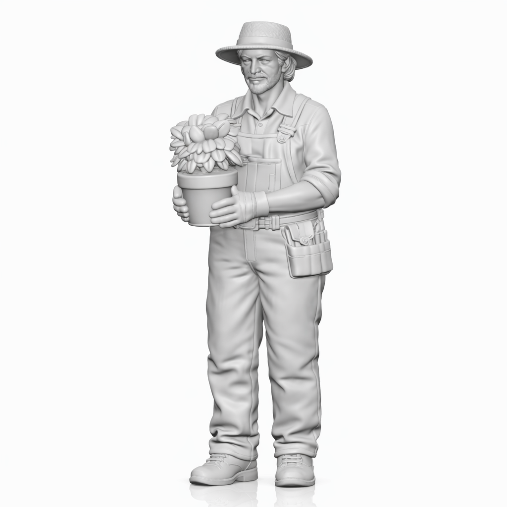 Diorama Modellbau Produktfoto 0: Stehende Figur: Gärtner mit Latzhose & Hut, Blumentopf mit blühender Pflanze (B005)