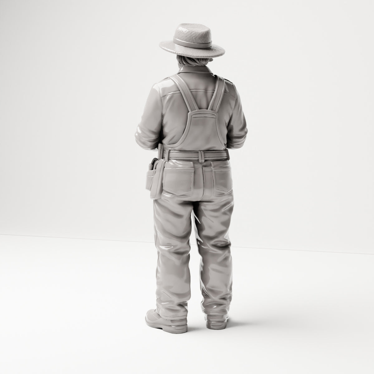 Stehende Figur: Gärtner mit Latzhose & Hut, Blumentopf mit blühender Pflanze (B005) - Rueckansicht