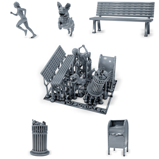 Diorama Modellbau Produktfoto 0: Diorama Figuren Set: Läuferin mit Hund, Parkbank und Stadtzubehör (h0_40)