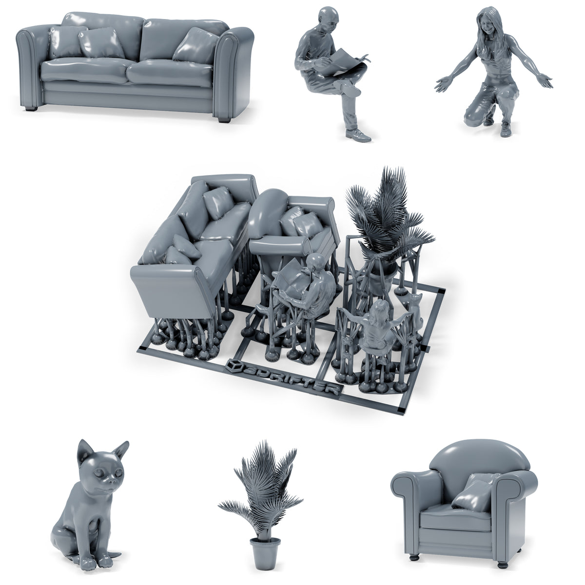 Diorama Modellbau Produktfoto 0: Diorama Miniatur Wohnzimmer: Sitzmöbel mit Leser, Frau, Katze und Topfpflanze (h0_37)