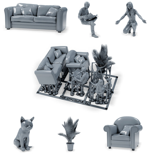 Diorama Modellbau Produktfoto 0: Diorama Miniatur Wohnzimmer: Sitzmöbel mit Leser, Frau, Katze und Topfpflanze (h0_37)