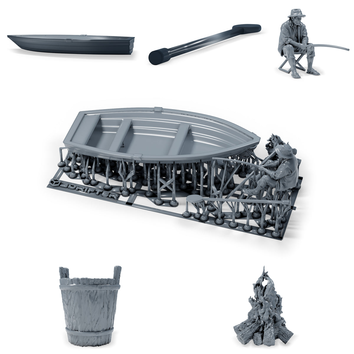 Diorama Modellbau Produktfoto 0: Diorama Angler Set: Angler mit Ruderboot, Ruder, Eimer und Lagerfeuer (h0_41)