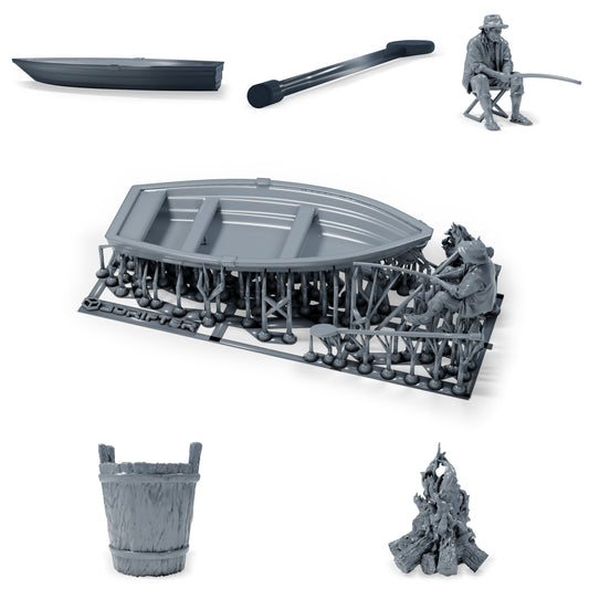 Diorama Modellbau Produktfoto 0: Diorama Angler Set: Angler mit Ruderboot, Ruder, Eimer und Lagerfeuer (h0_41)