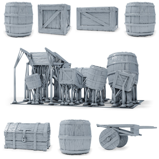 Foto prodotto per modellismo diorama 0: accessori per diorama: barili, casse, baule e carretto a mano (h0_50)