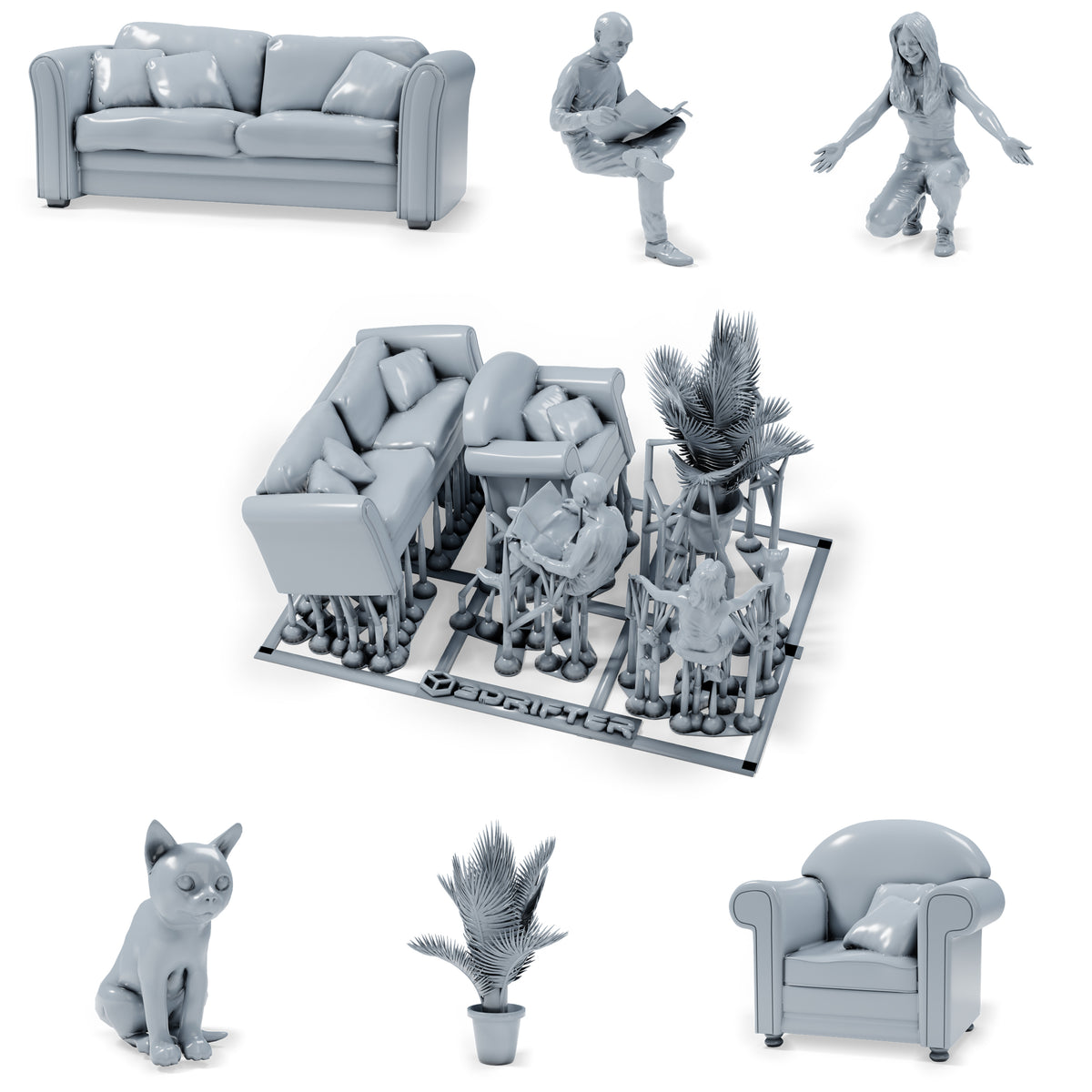 Diorama Modellbau Produktfoto 0: Diorama Miniatur Wohnzimmer: Sitzmöbel mit Leser, Frau, Katze und Topfpflanze (h0_37)