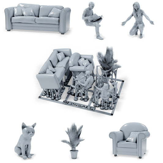 Diorama Modellbau Produktfoto 0: Diorama Miniatur Wohnzimmer: Sitzmöbel mit Leser, Frau, Katze und Topfpflanze (h0_37)