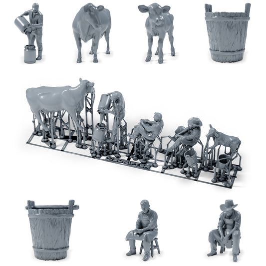 Diorama Modellbau Produktfoto 0: Diorama Bauernhof Set: Melkszene mit Bauern, Kuh, Kalb und Eimern (h0_33)