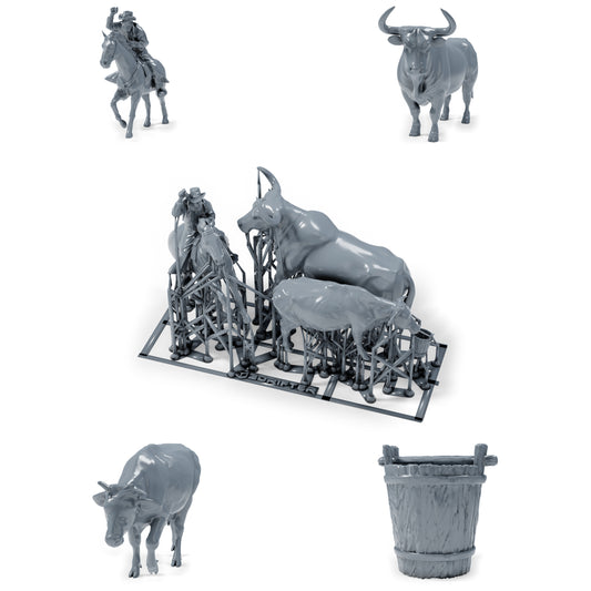 Diorama Modellbau Produktfoto 0: Diorama Western Figuren: Cowboy zu Pferd mit Bulle und Kuh (h0_36)
